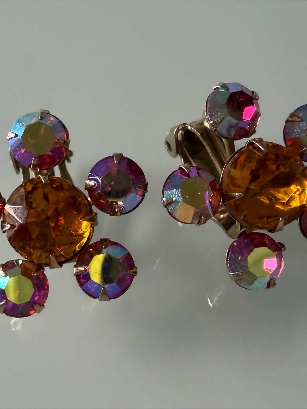 Vintage Amber Color Crystal AB Cluster Clip-On Earrings.